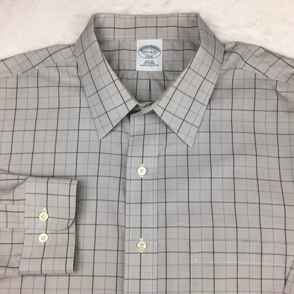 Brooks Brothers Dress Shirt Men's 17.5-4/5 Gray Checks Slim Fit Non Iron